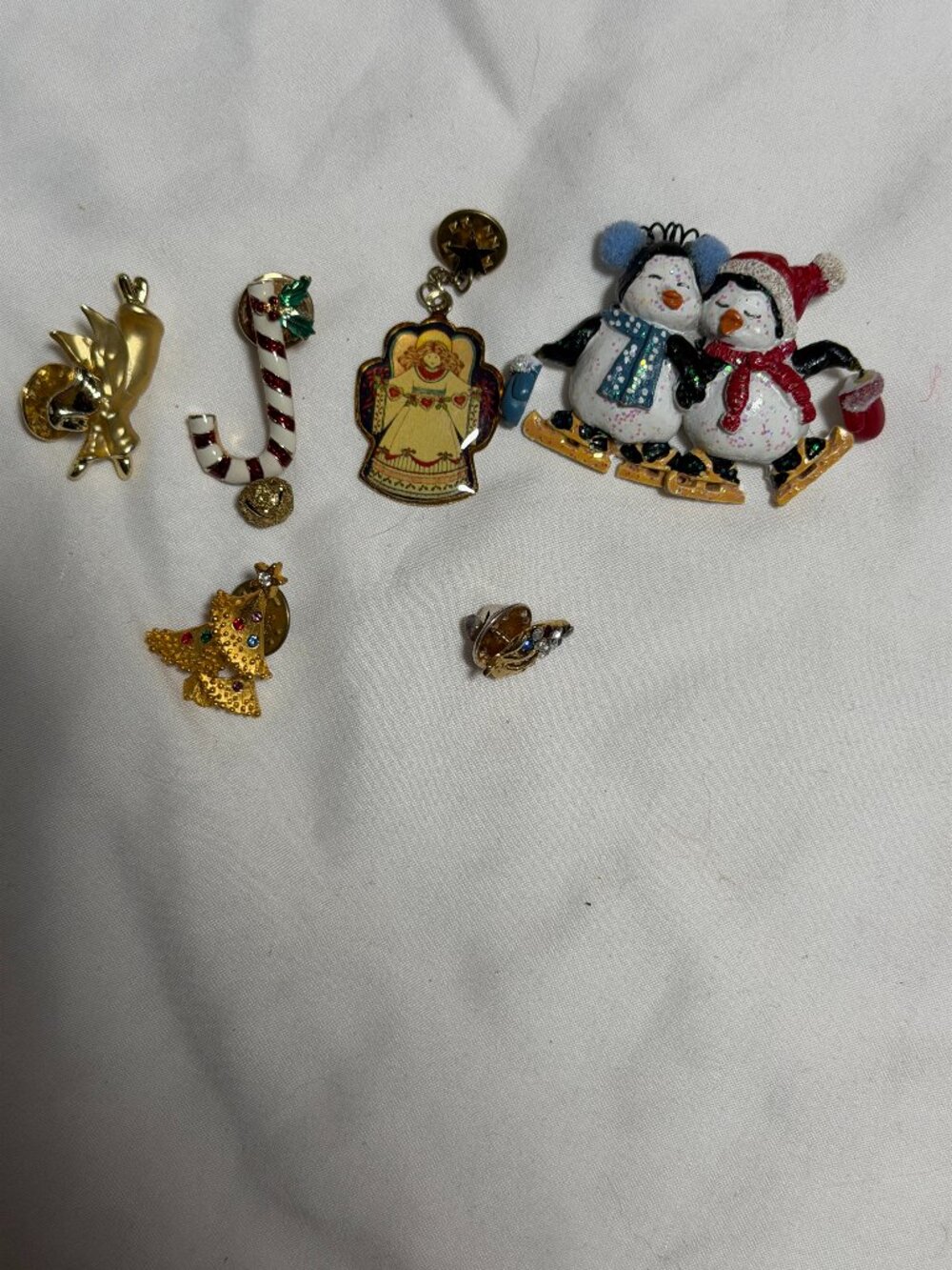 Holiday Penguin and Assorted Christmas Brooch Set - White, Gold, Red, Blue